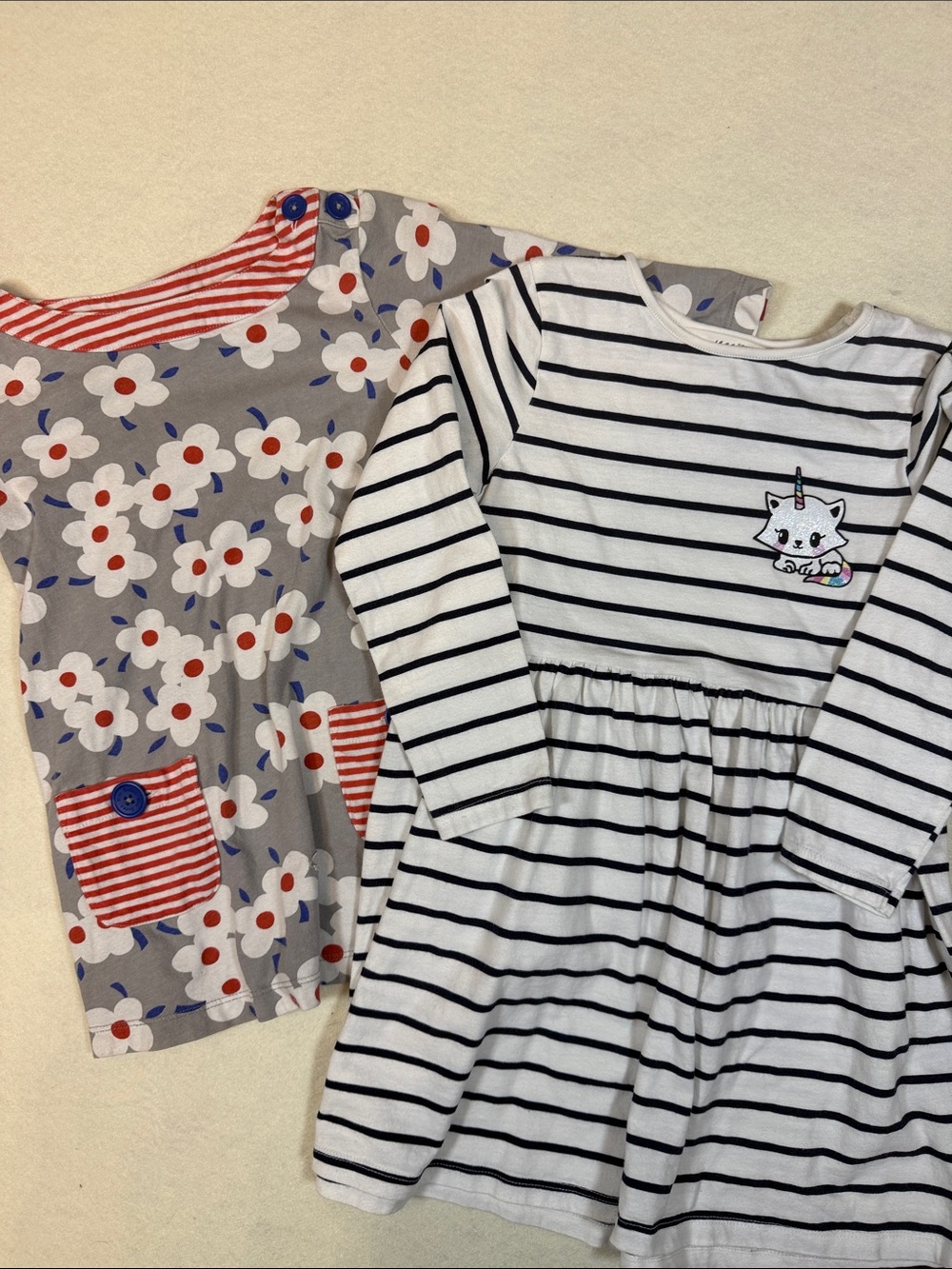 Mini Boden Gray Floral Dress + H&M Striped with Cat Unicorn Size4 4/6 YY